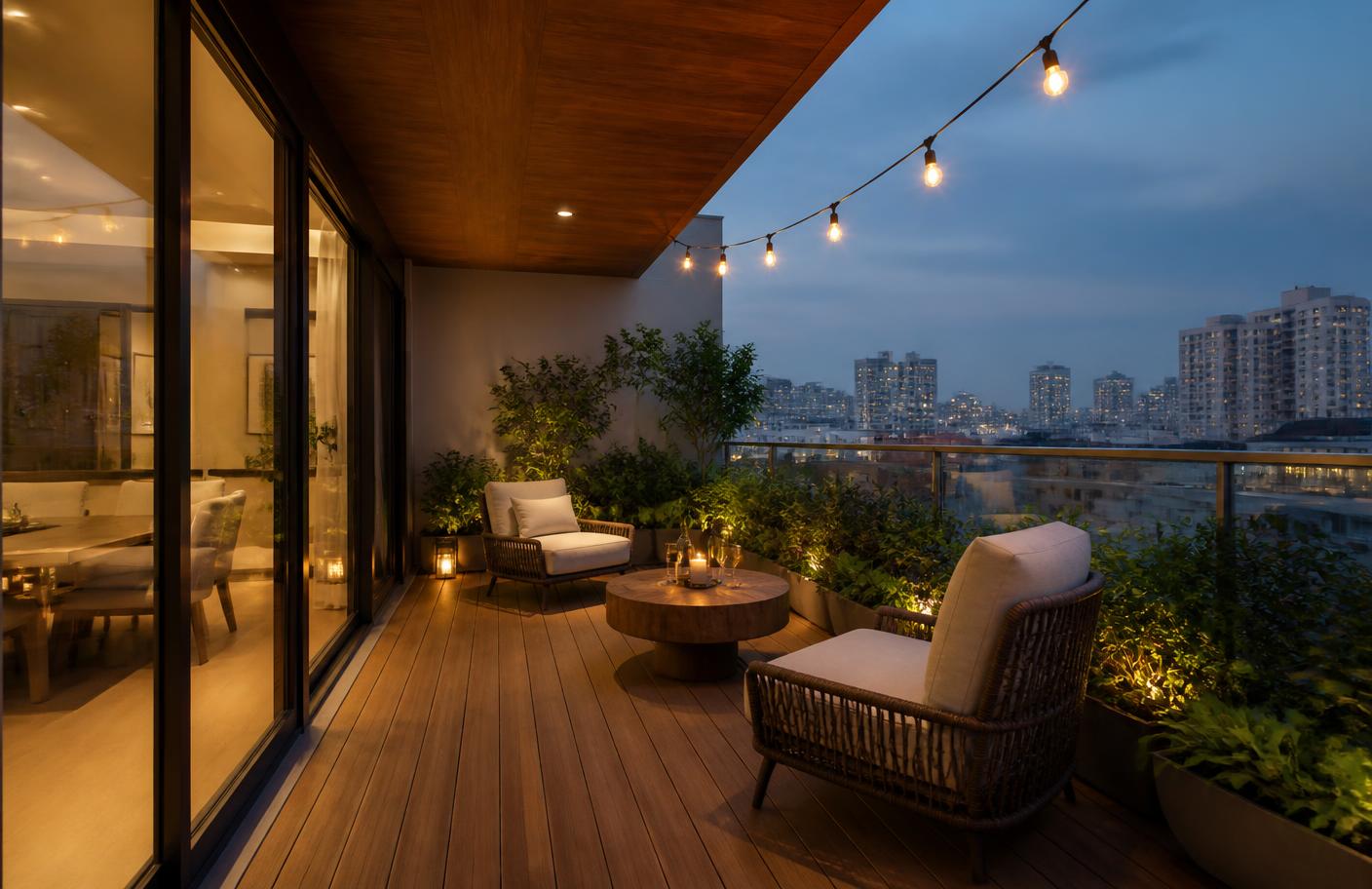 Balcony sit-out with teak deck and string lights