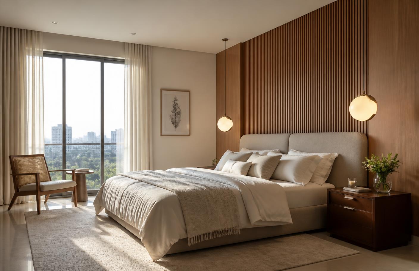 Minimal bedroom with wooden slat wall