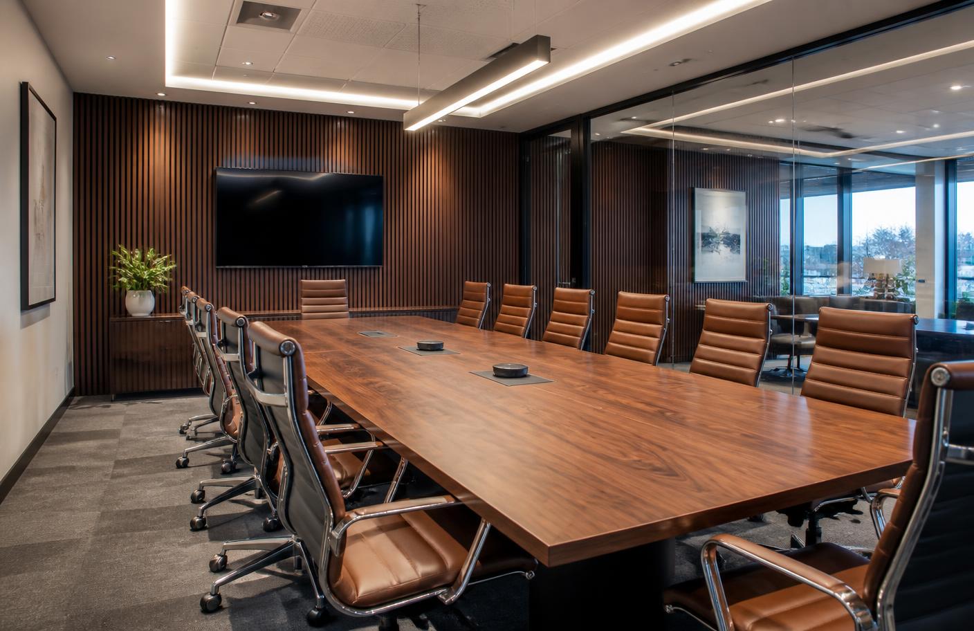 Conference room with walnut table and acoustic slats