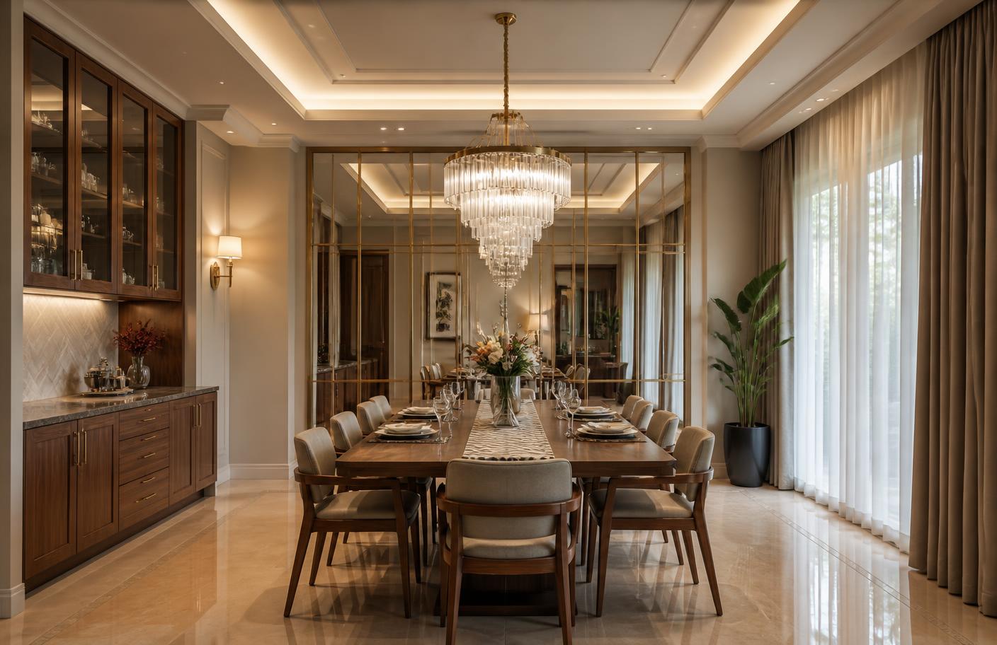 Villa dining room with chandelier and mirror panelling