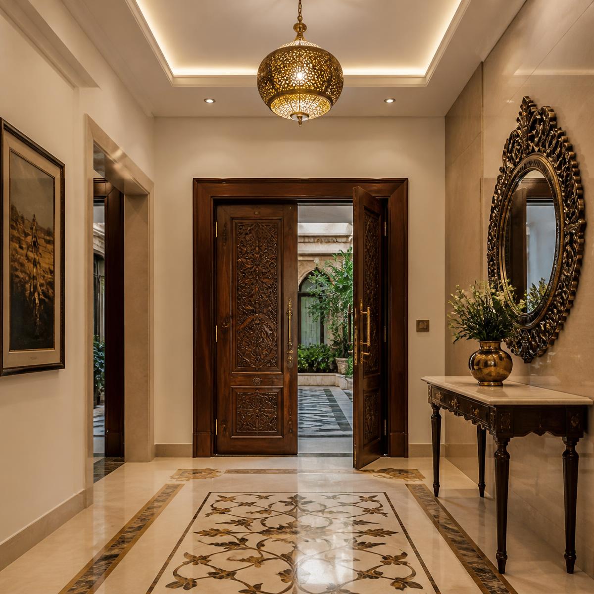 Villa entrance foyer with marble inlay flooring