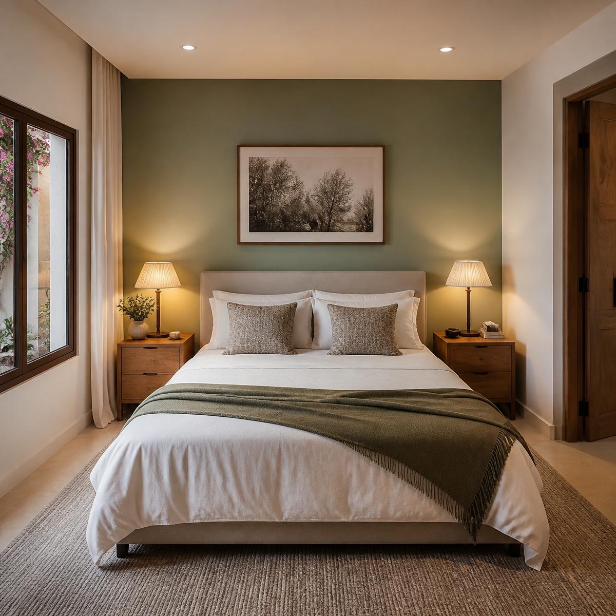 Guest bedroom with green accent wall