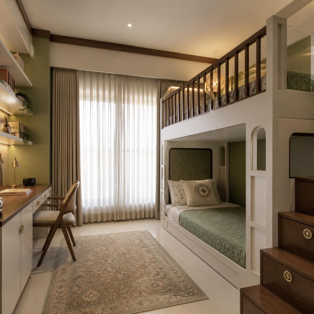 Kids bedroom with bunk bed and study desk