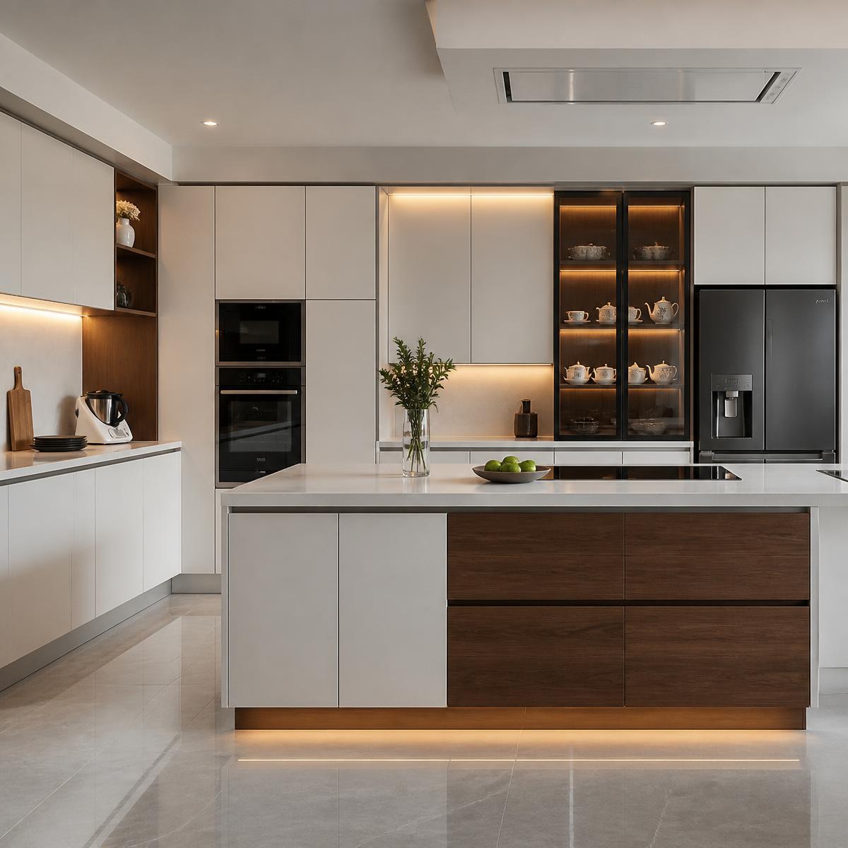 White and walnut modular kitchen with island