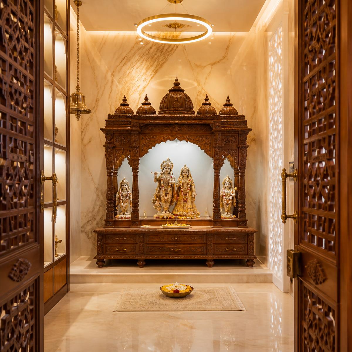 Carved teak puja room with marble backdrop