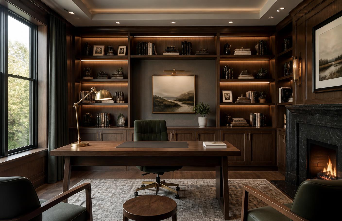 Home office study with walnut bookshelves