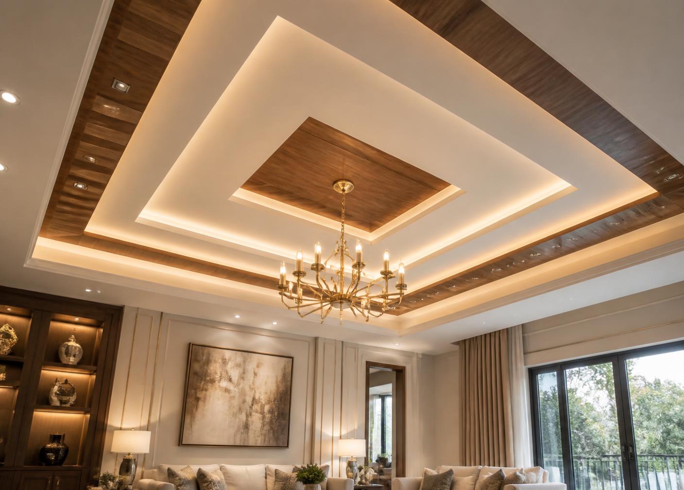 Layered false ceiling with cove lighting and chandelier