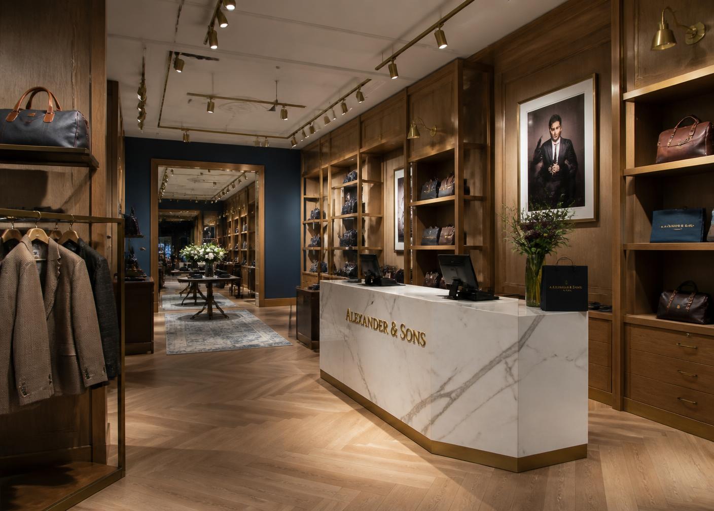 Premium boutique retail store with oak shelving and marble counter