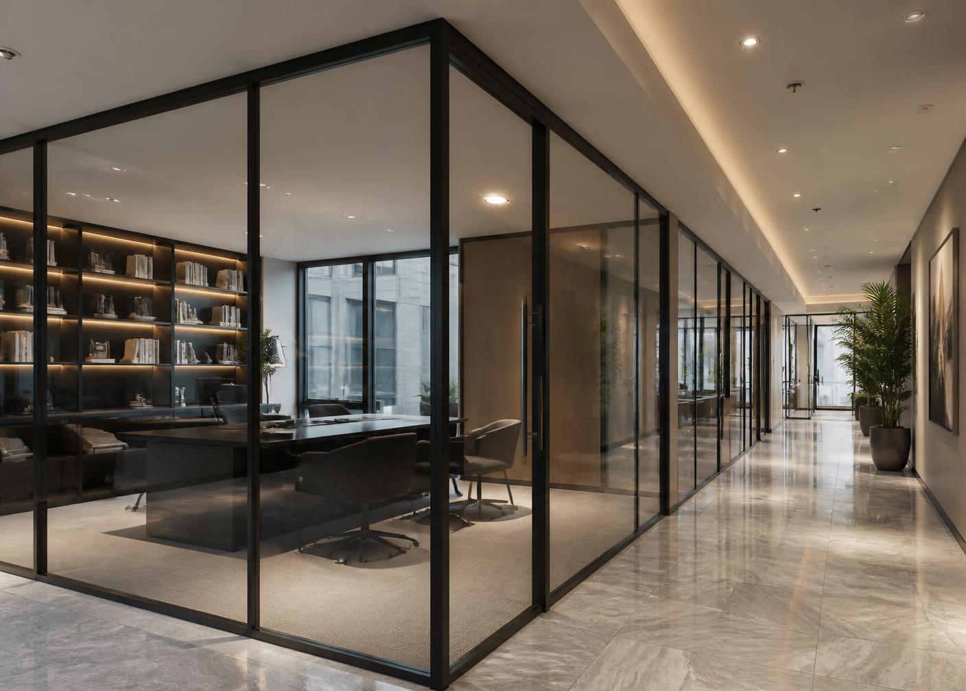 Slim black framed glass partition in a premium office