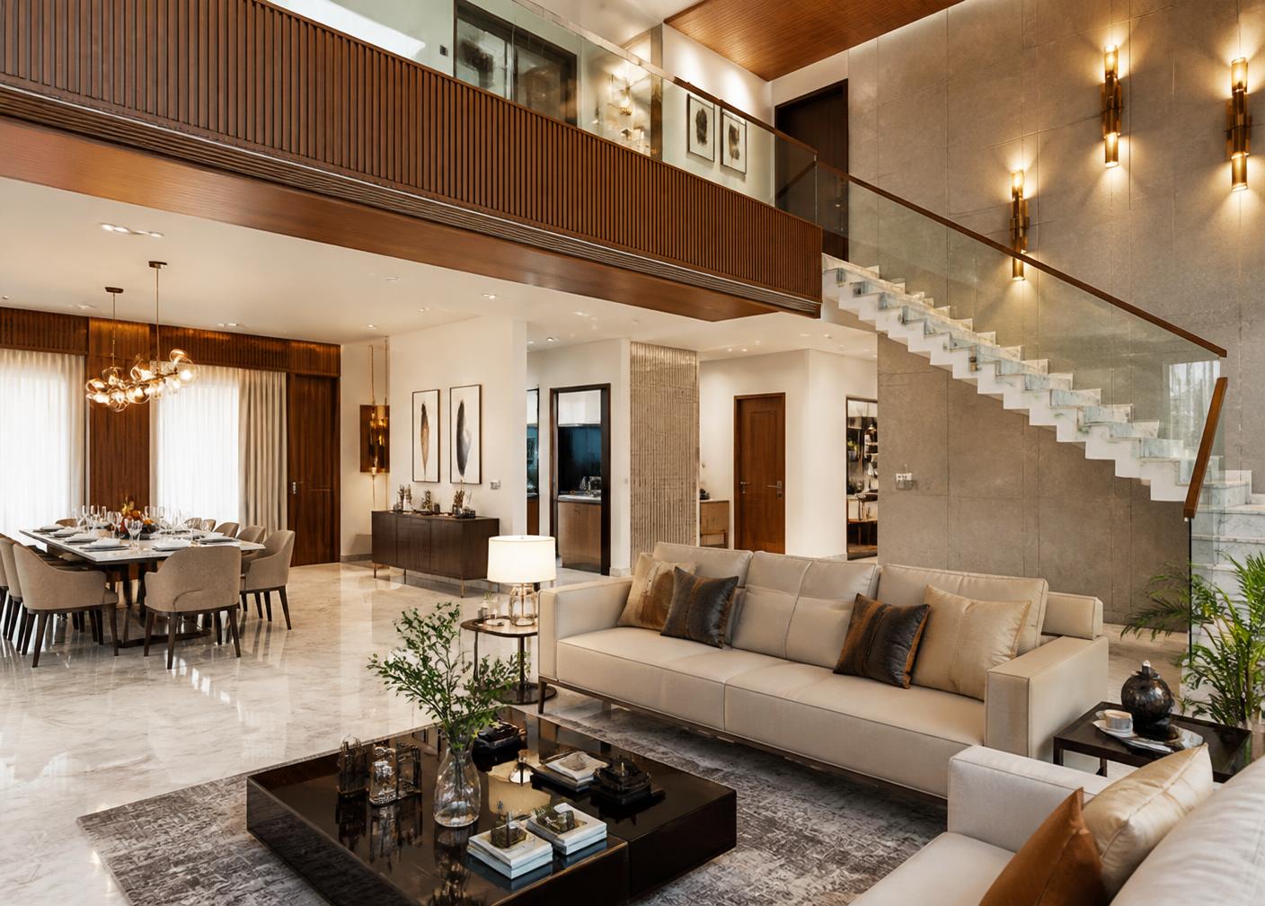 Open plan luxury duplex living and dining interior