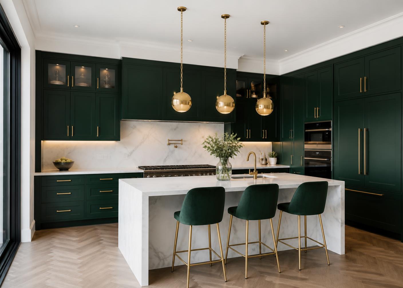 Forest green modular kitchen with marble island and brass pendant lights