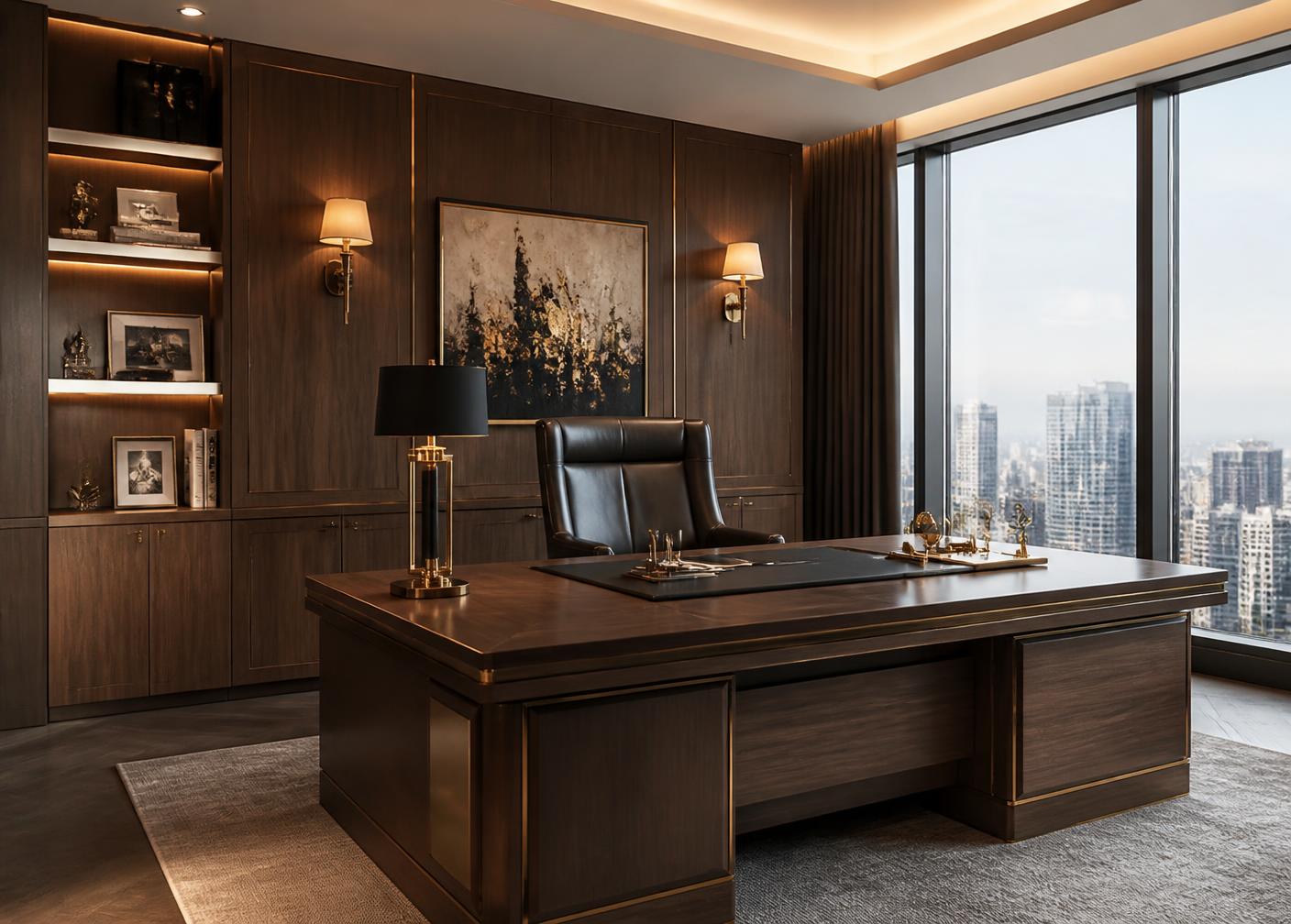 Executive CEO cabin with walnut panelling and city view