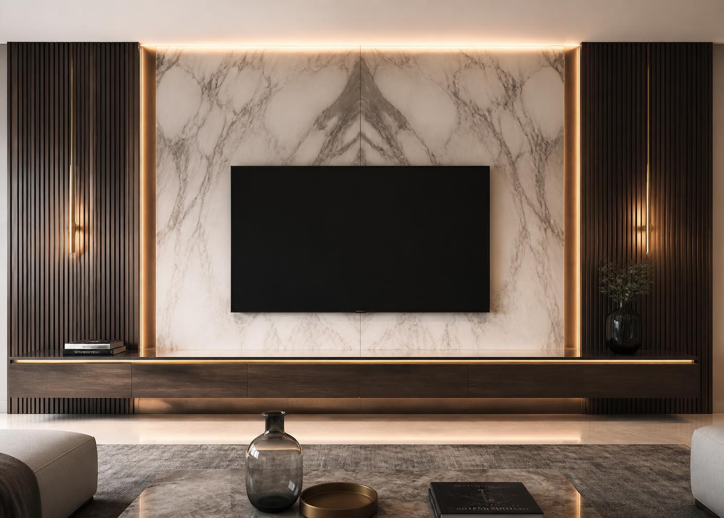 Marble TV wall with fluted wood panels and floating console