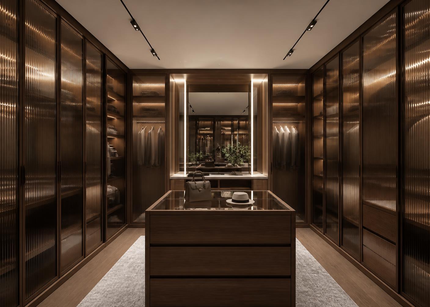Luxury walk-in wardrobe with fluted glass shutters and profile lighting
